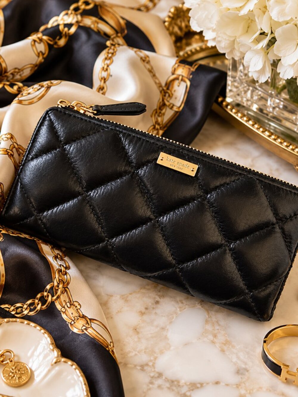 Vintage Kate Spade Y2K Black Quilted Leather L Zip Long Continental Wallet
